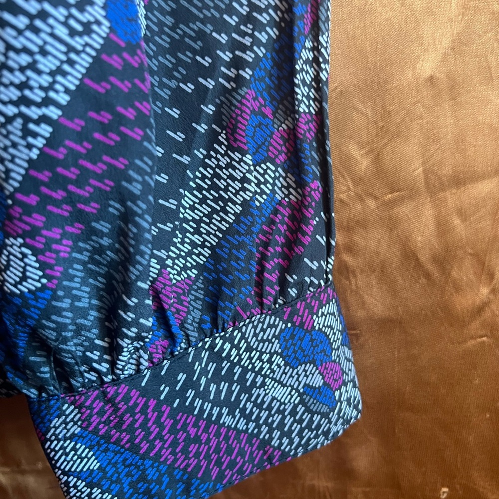 Vintage TanJay secretary  Patterned Blouse with Tie Neck 1980s M - Picture 5 of 9
